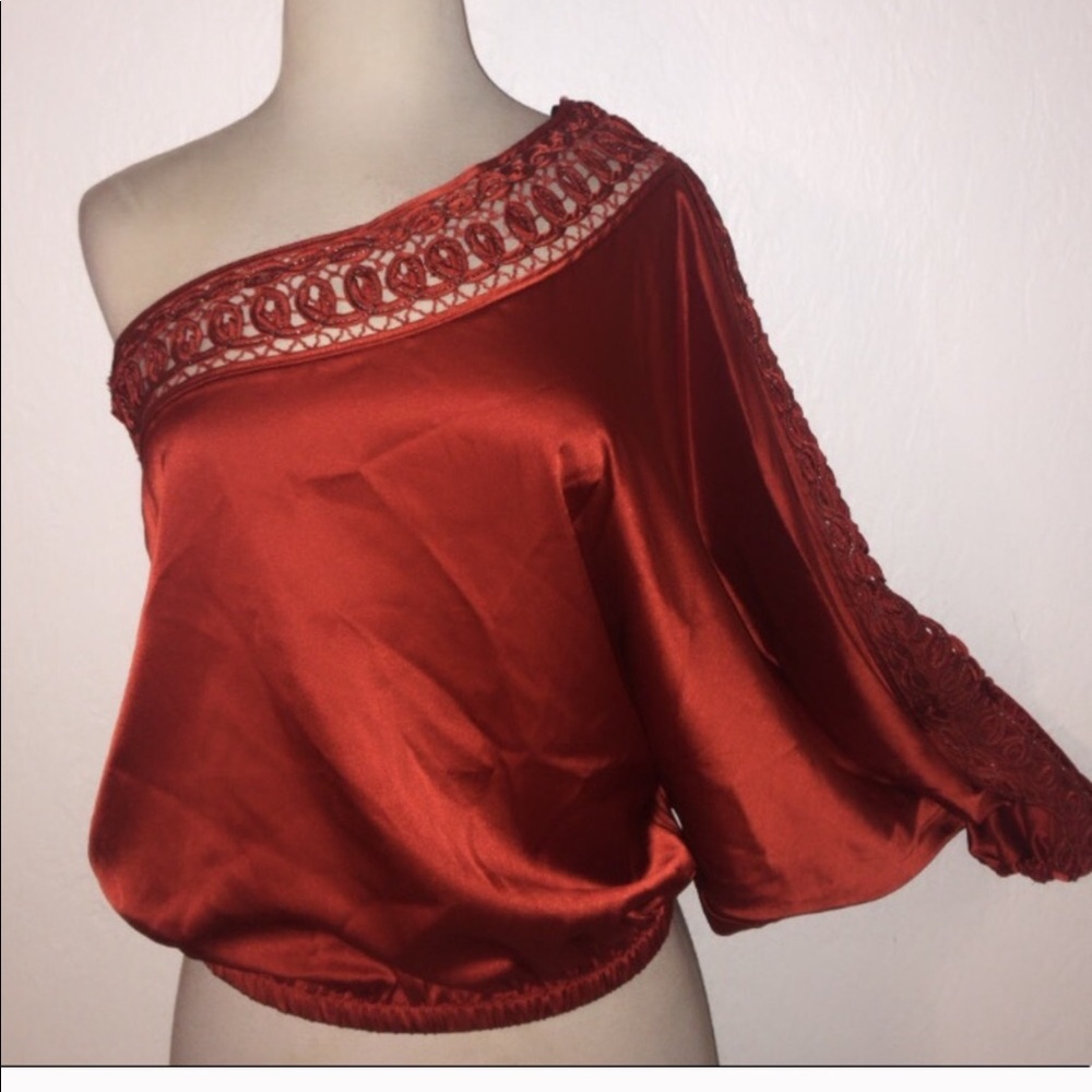 bebe Rust Red One-Shoulder Satin Blouse with Lace Trim